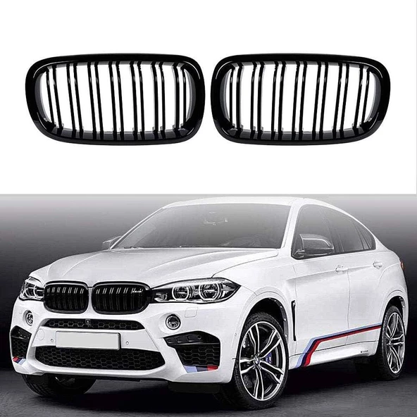Bmw X6 F16 çift şeritli ön panjur ızgara 2015 sonrası parlak siyah ürün görseli 1