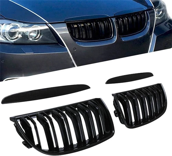 Bmw E90 çift çizgi ön panjur ızgara 2005-2007 arası parlak siyah ürün görseli 1