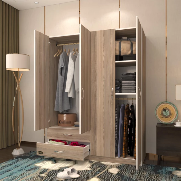 Kenzlife gardırop 4 kapaklı kapılı 2 çekmeceli orkide crd 180*120*42 gardolap dolap ürün görseli 1