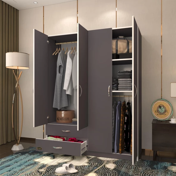Kenzlife gardırop 4 kapaklı kapılı 2 çekmeceli orkide gri 180*120*42 gardolap dolap ürün görseli 1