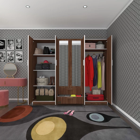 Kenzlife gardırop 6 kapılı çekmeceli begonvil210 cvz aynalı kapaklı gardolap dolap ürün görseli 1