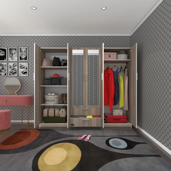 Kenzlife gardırop 6 kapılı çekmeceli begonvil210 crd aynalı kapaklı gardolap dolap ürün görseli 1