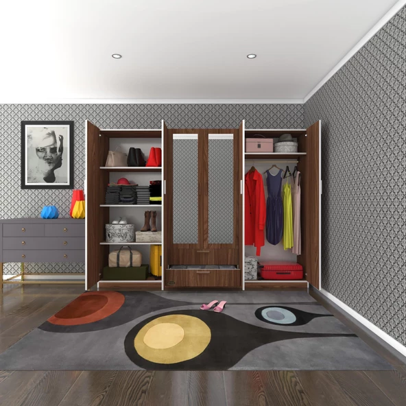 Kenzlife gardırop 6 kapılı çekmeceli begonvil240 cvz aynalı kapaklı gardolap dolap ürün görseli 1