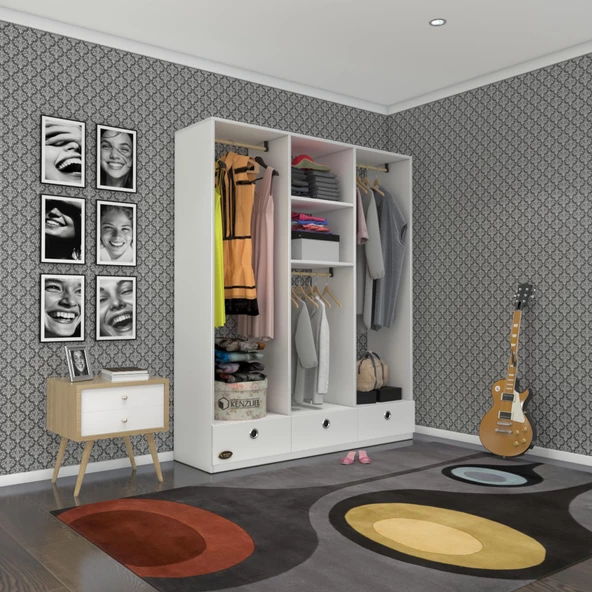 Kenzlife giysi dolabı 3 bölmeli 3 çekmeceli hamit150 byz dolap kapaksız ürün görseli 1