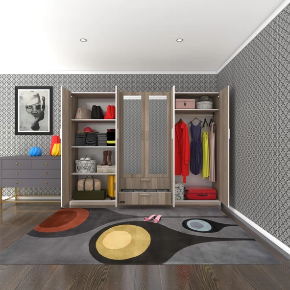 Kenzlife gardırop 6 kapılı çekmeceli begonvil240 crd aynalı kapaklı gardolap dolap ürün görseli 1