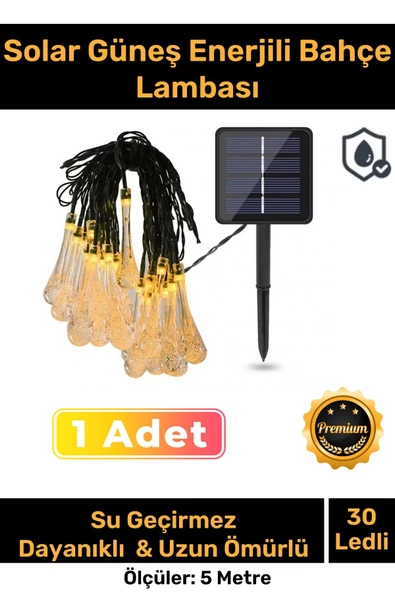Özel Seri Solar Güneş Enerji 30 Ledli Su Damlaları 5 Metre Uzunluğunda Sarı Renkli Bahçe Aydınlatma ürün görseli 1
