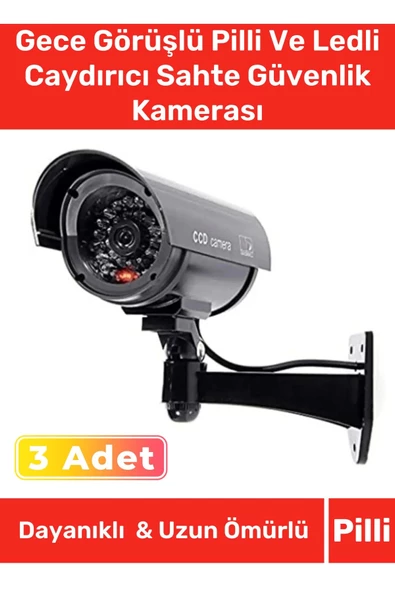 Özel Ev Apartman Bahçe İş Yeri Gece Görüşlü Pilli Ledli Caydırıcı Sahte Güvenlik Kamerası 3'lü Set ürün görseli 1