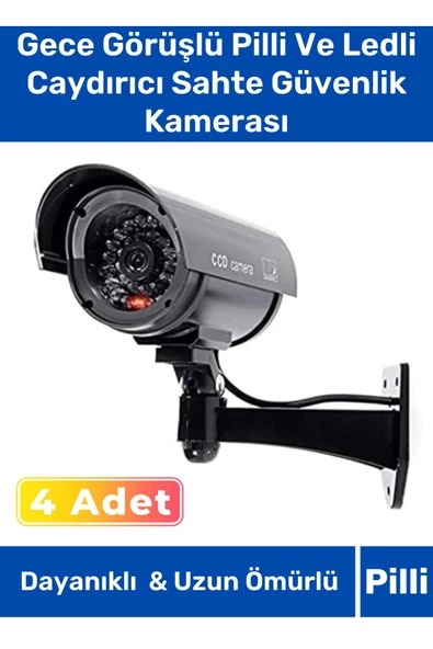 Özel Ev Apartman Bahçe İş Yeri Gece Görüşlü Pilli Ledli Caydırıcı Sahte Güvenlik Kamerası 4'lü Set ürün görseli 1