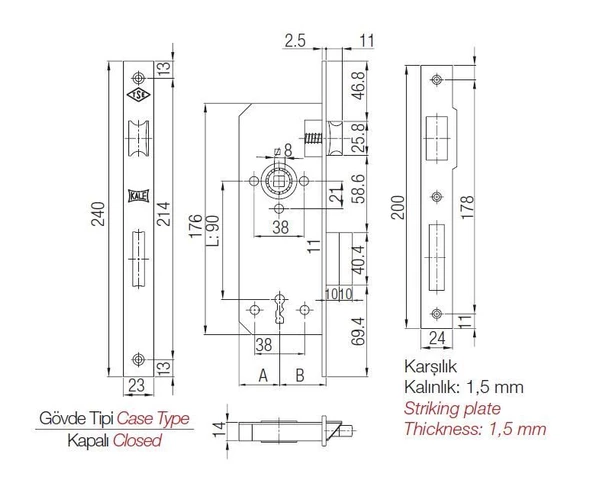 Kale 151-R İç Kapı Gömme Kilidi 40 mm Nikel Oval - Resim 2