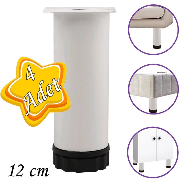 4 Adet Metal Ayarlanabilir 12 cm Beyaz Destek Ayağı Mobilya Kanepe Baza Koltuk Dolap Sehpa TV Ünitesi Ayağı ürün görseli 1
