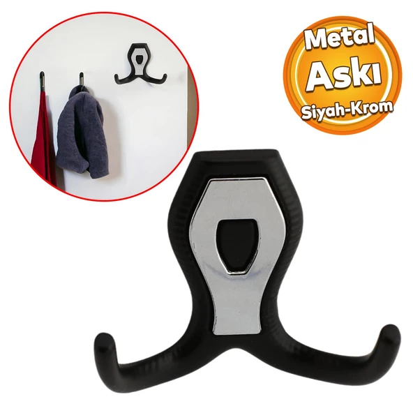 Galata Askı Vestiyer Mobilya Duvar Askısı Metal Dolap Elbise Askılığı Siyah Renk Krom Kapaklı ürün görseli 1