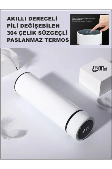 Derece Göstergeli  Çelik  Termos Pili Değişebilen Kamp,Araç,Ofis Süzgeçli Yeni Nesil Akıllı Mug ürün görseli 1