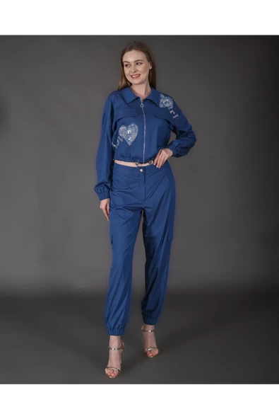 Modatalika Kadın Yeni Sezon Denim Ceket Taş Detaylı Pantolon Spor İkili Takım ürün görseli 1