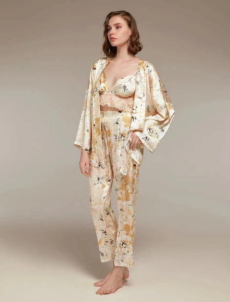 Pijama Takım Sabahlık Büstiyer Pantolon LP1338 3'lü Set ürün görseli 1