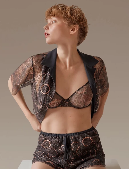 Pijama Takım Gömlek Büstiyer Şort LP1352 3'lü Set ürün görseli 1
