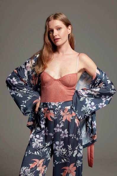 Pijama Takım Sabahlık Büstiyer Pantolon LP1401 3'lü Set ürün görseli 1