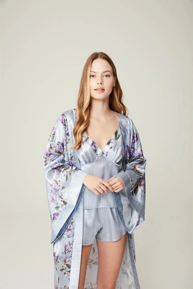 Pijama Takım Alita Blue Saten Sabahlık Bustıyer Pantolon 3'lü Set ürün görseli 1