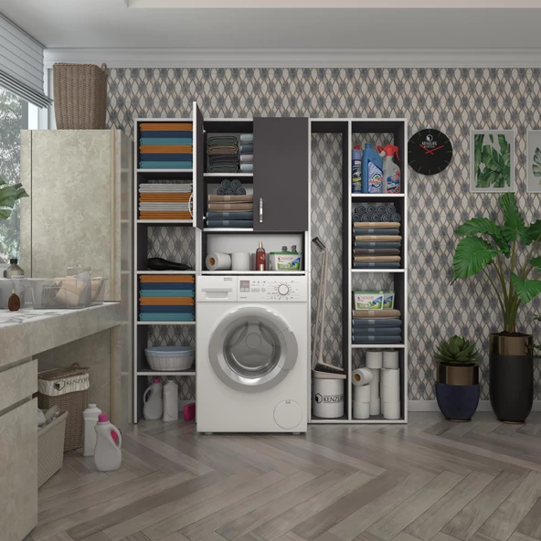 Kenzlife çamaşır makinesi dolabı sinemmega gri 180*156*30 banyo kapaklı arkalıklı raflı ürün görseli 1