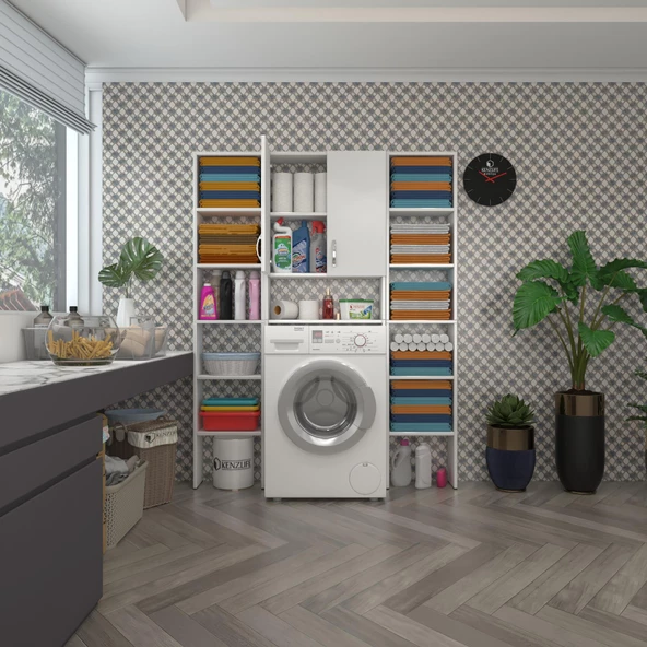 Kenzlife çamaşır makinesi dolabı veronikamaksdublemdf byz 180*126*20 % 100 MDF full Mdf banyo arkalıksız raflı ürün görseli 1