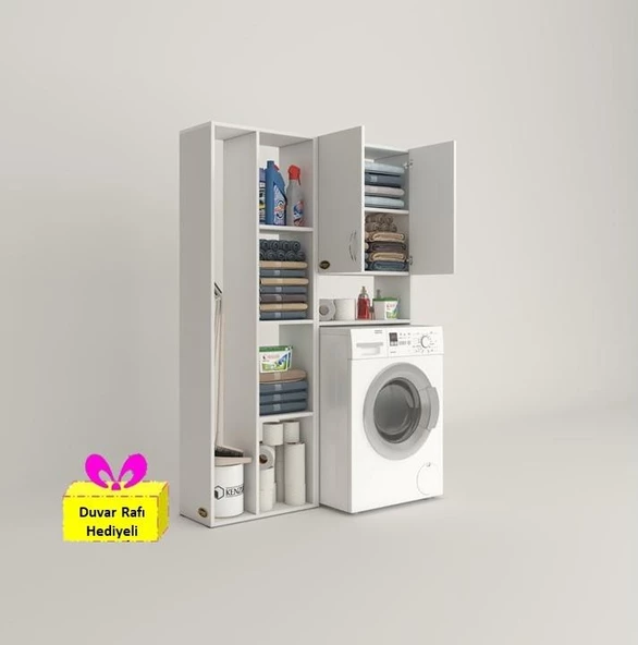 Kenzlife çamaşır makinesi dolabı sinemmega byz 180*156*30 banyo arkalıklı + tekli duvar rafı hediyeli ürün görseli 1