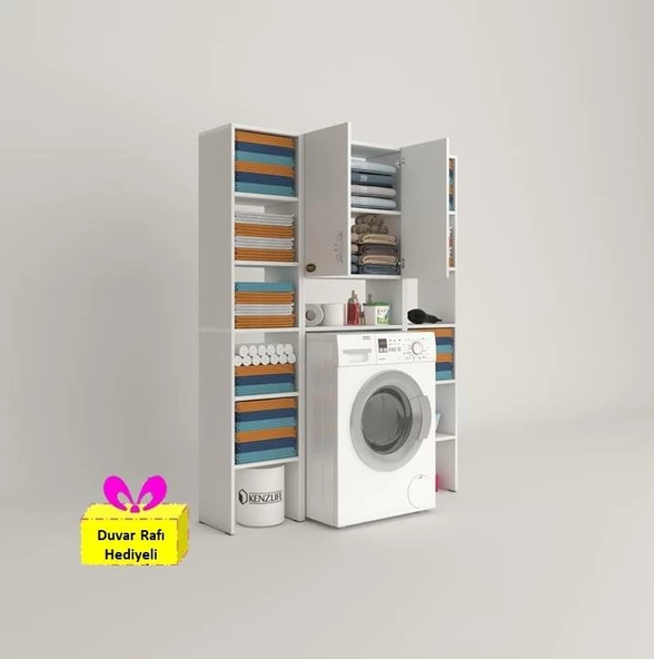 Kenzlife çamaşır makinesi dolabı veronikamaksduble byz 180*126*20 banyo arkalıksız raflı + tekli duvar rafı hediyeli ürün görseli 1
