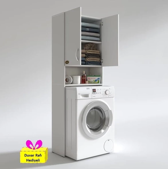 Kenzlife çamaşır makinesi dolabı sinem byz 180*066*30 banyo arkalıklı + tekli duvar rafı hediyeli ürün görseli 1