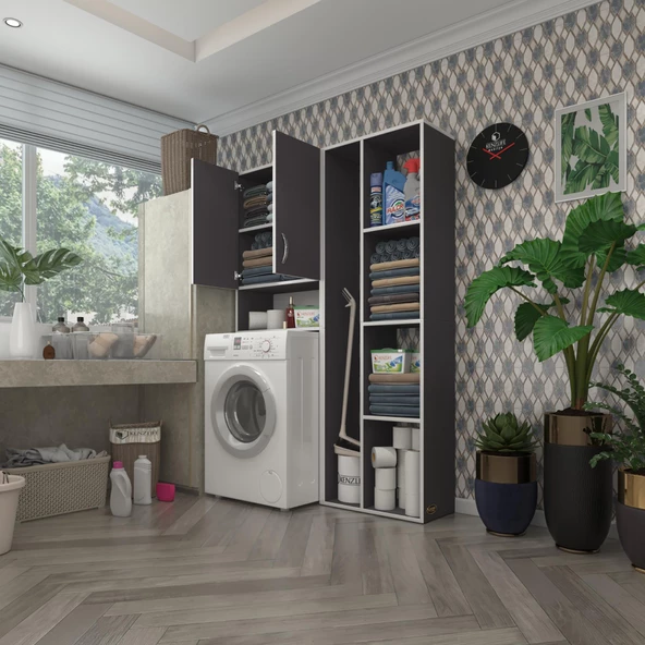 Kenzlife çamaşır makinesi dolabı sinemsüpürge gri 180*126*30 banyo kapaklı arkalıklı raflı ürün görseli 1