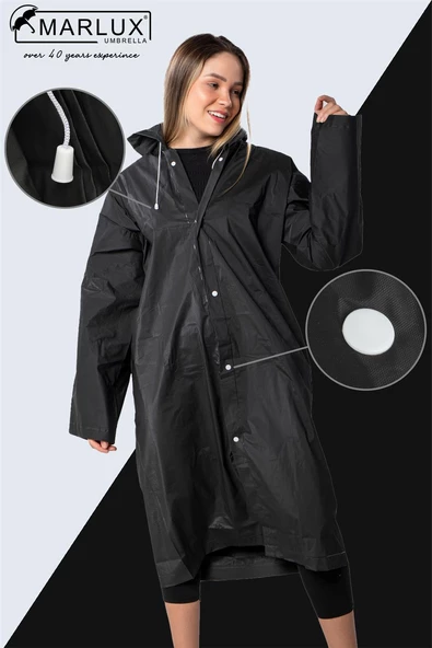 Marlux Unisex Su Rüzgar Geçirmez Kapüşonlu Beyaz Çıtçıt Düğme Eva Siyah Beyaz Yağmurluk 24MRLXYGM ürün görseli 1