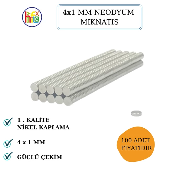 NEODYUM MIKNATIS NİKEL KAPLAMA 4MM X1MM (100 ADET) ürün görseli 1