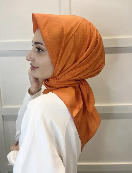Jakarlı Monogram Eşarp, Piramit Monogram, Desenli Eşarp 01009  ORANGE - Resim 3