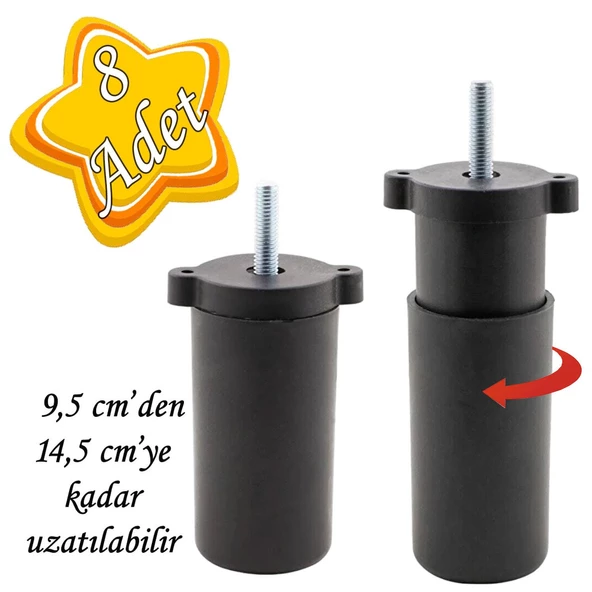 8 Adet Ayarlı Destek Ayağı 9.5 x 14.5cm Siyah Gizli Ayak M8 Civatalı İncediş Mobilya Kanepe Baza Koltuk ürün görseli 1