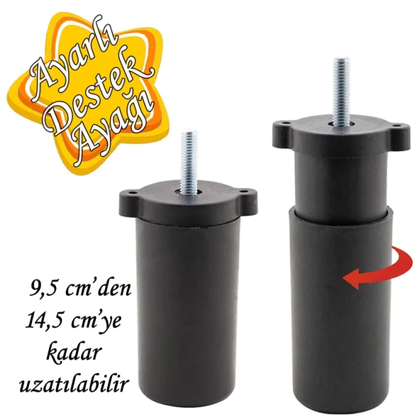 Ayarlı Destek Ayağı 9.5 x 14.5cm Siyah Gizli Ayak M8 Civatalı İncediş Mobilya Kanepe Baza Koltuk ürün görseli 1