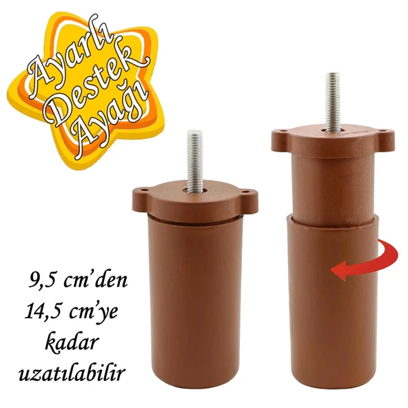 Ayarlı Destek Ayağı 9.5 x 14.5cm Kahverengi Gizli Ayak M8 Civatalı İncediş Mobilya Kanepe Baza Koltuk ürün görseli 1