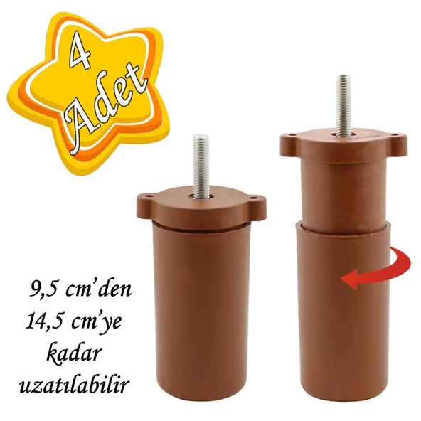 4 Adet Ayarlı Destek Ayağı 9.5 x 14.5cm Kahverengi Gizli Ayak M8 Civatalı İncediş Mobilya Kanepe Baza Koltuk ürün görseli 1