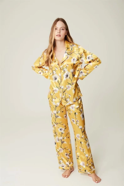 Pijama Takım Saten Gömlek Büstiyer Pantolon Eliane Sarı - 3'lü Set ürün görseli 1