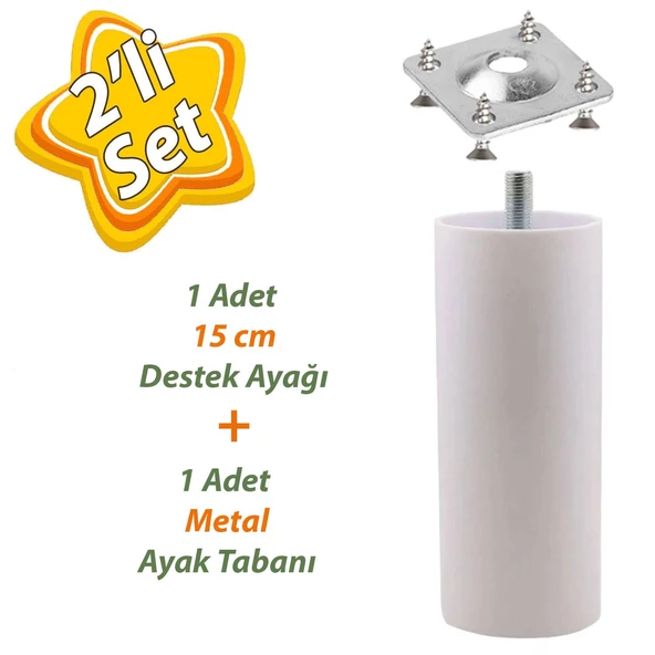 Destek Ayağı 15 cm Beyaz + Metal Düz Ayak Tabanı M8 Civata İnce Diş Mobilya Kanepe Baza Koltuk Ayakları Seti ürün görseli 1