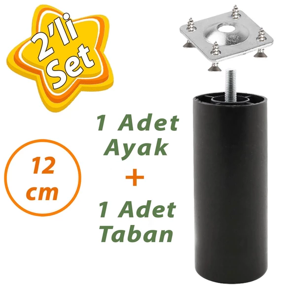 Destek Ayağı 12 cm Siyah + Metal Düz Ayak Tabanı M8 Civatalı İnce Diş Mobilya Kanepe Baza Koltuk Seti ürün görseli 1