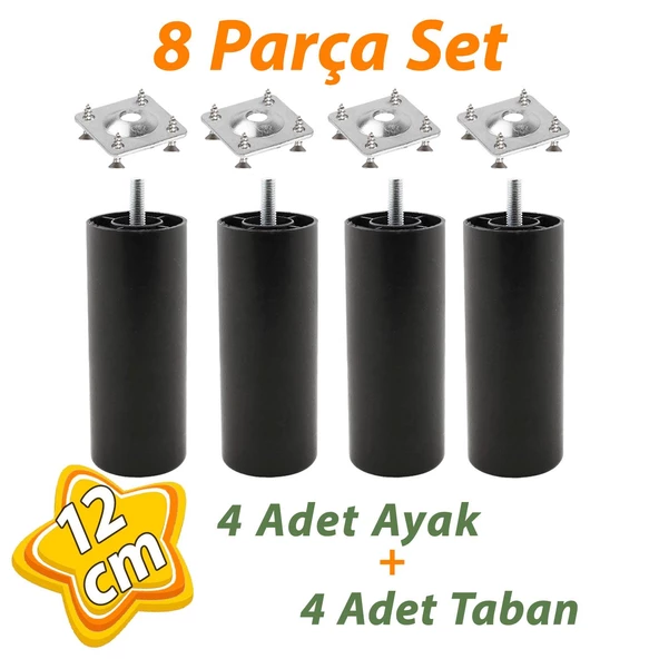 4 Adet Destek Ayağı 12 cm Siyah + 4 Adet Düz Ayak Tabanı M8 Civatalı İnce Diş Mobilya Baza Koltuk Seti ürün görseli 1
