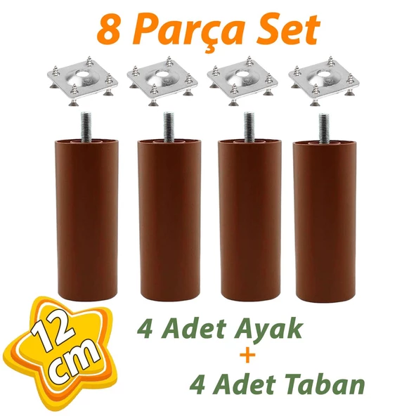 4 Adet Destek Ayağı 12 cm Kahverengi ve 4 Adet Düz Ayak Tabanı M8 Civatalı İnce Diş Mobilya Baza Seti ürün görseli 1