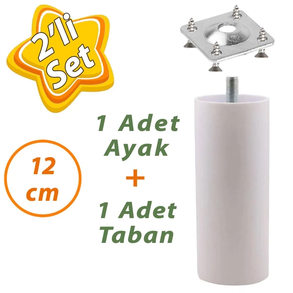 Destek Ayağı 12 cm Beyaz ve Metal Düz Ayak Tabanı M8 Civatalı İnce Diş Mobilya Kanepe Baza Koltuk Seti ürün görseli 1