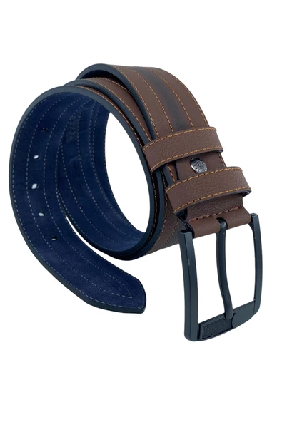 Kahverengi Suni Deri Ortası Sarı Dikişli Model 4.5 cm.lik Unisex Spor Kemer - 4509-10 ürün görseli 1
