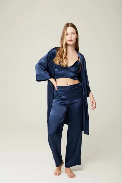 Gecelik Sabahlık Felicia Saten Büstiyer Pantolon Navy 3'lü Set ürün görseli 1