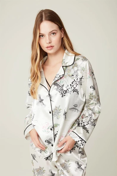 Pijama Takım Saten Gömlek Pantolon Susanne 2'li Soft Grey Takım Gecelik ürün görseli 1