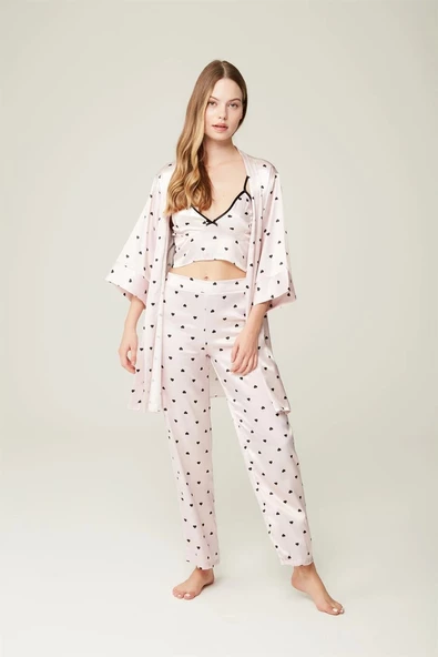 Saten Ashley Sabahlık Büstiyer Pantolon 3'lü Takım Heart ürün görseli 1