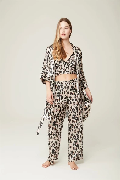 Saten Ashley Sabahlık Büstiyer Pantolon 3'lü Takım Leopard ürün görseli 1