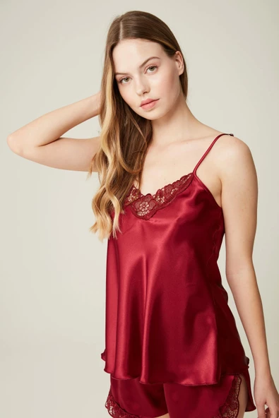 Saten Belinda Şort Büstiyer Takım Bordo 2'li Set ürün görseli 1