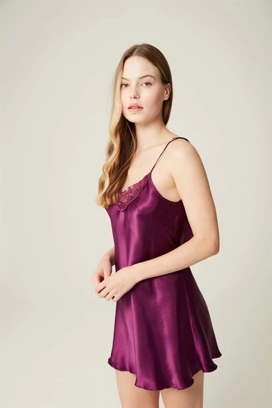Saten Dantel Yakalı Celine Gecelik Purple ürün görseli 1
