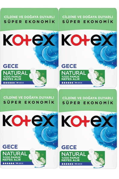 Kotex Natural Gece Hijyenik Ped 14'lü 4 Adet ürün görseli 1