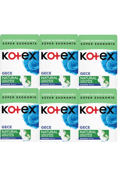 Kotex Natural Gece Hijyenik Ped 14'lü 6 Adet ürün görseli 1