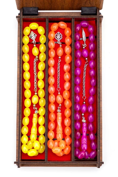 Ahşap Kutuda 3'lü Neon Renk Toz Kehribar Tesbih Seti ürün görseli 1